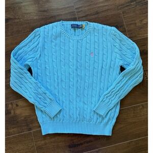 Polo Ralph Lauren Cable Knit Cotton Crewneck Sweater Women's Large Summer Blue
